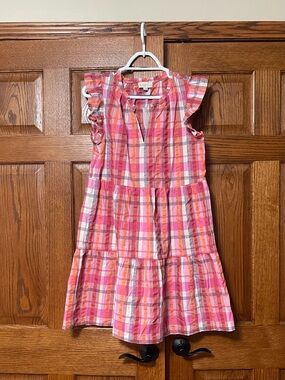 LOFT Plaid Tiered Flutter Sleeve Dress - Size M